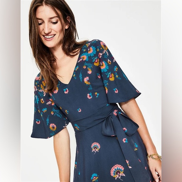 BODEN Emilie V Neck Midi Dress Navy Blue Flourish Pink Floral Size US 8R UK12R - Picture 5 of 16
